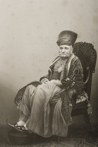 Sir Jamsetjee Jeejeebhoy (1783-1859) gegraveerd door D.J. Pound van een foto, uit 